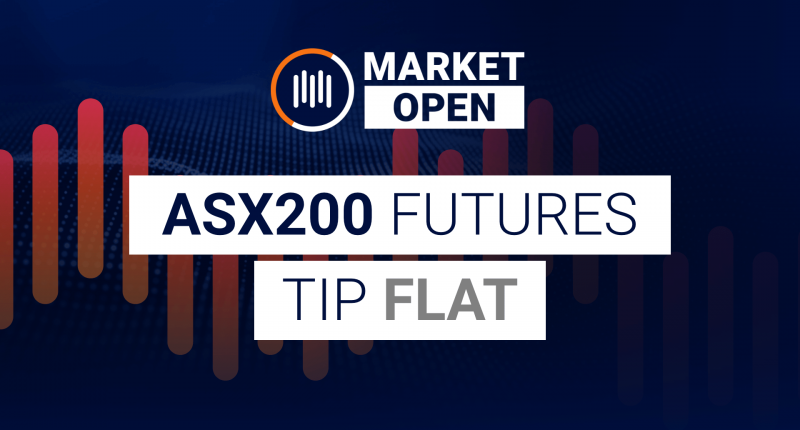 The words "Market Open ASX 200 Futures Tip FLAT" appear stacked atop one another next to ASX today company iconography.