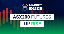 The words "Market Open ASX 200 Futures Tip RISE" appear stacked atop one another next to ASX company iconography.