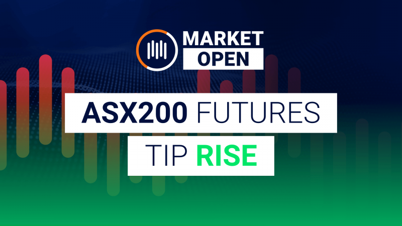 The words "Market Open ASX 200 Futures Tip RISE" appear stacked atop one another next to ASX company iconography.