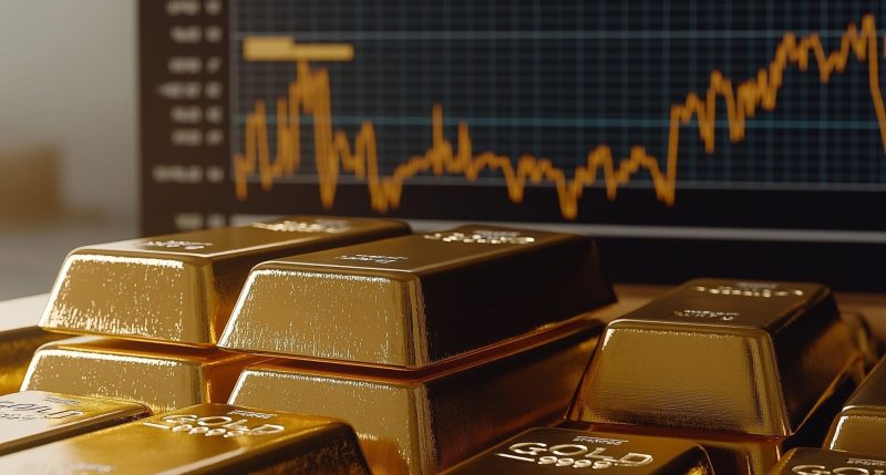 Gold bars and a financial chart