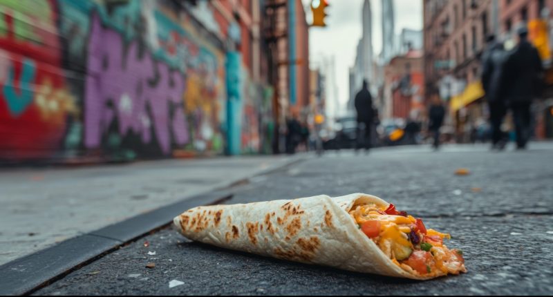 A fallen burrito on an asphalt roadway.