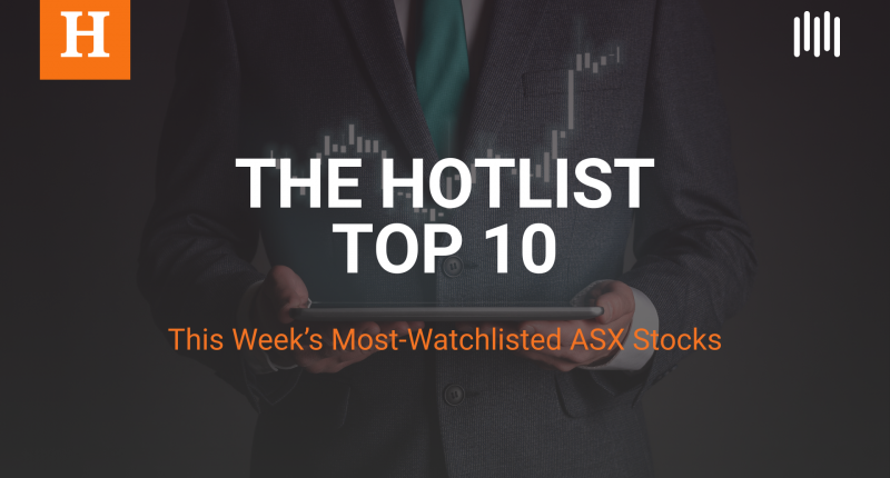 A HotCopper-branded graphic image which reads "The HotList Top 10: This week's most watchlisted ASX stocks" in front of an ASX chart image faded in the background.