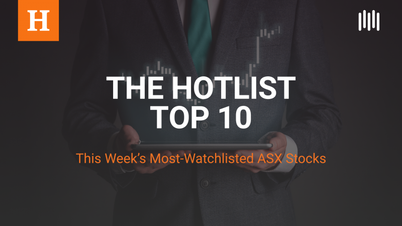 A HotCopper-branded graphic image which reads "The HotList Top 10: This week's most watchlisted ASX stocks" in front of an ASX chart image faded in the background.