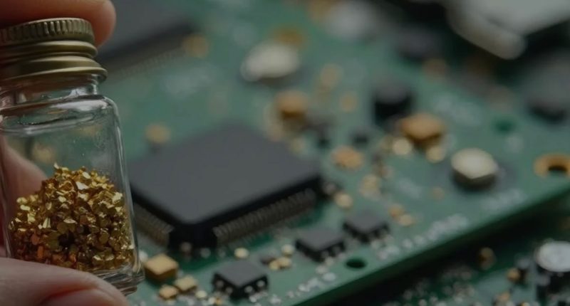 Two fingers are holding a small jar of gold flecks in front of a green computer motherboard.