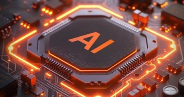 Futuristic AI chip on a glowing circuit board, representing artificial intelligence and semiconductor technology powering next-generation computing.