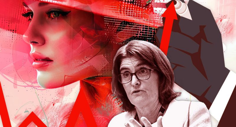 Michele Bullock appears alongside a Melbourne Cup racegoer and an inflation graph going up.