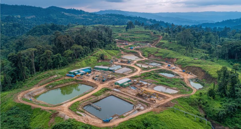 Panorama of gold mining site with slurry ponds, extraction equipment, and tailings