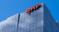 Close up of BHP sign on the office building in Melbourne.