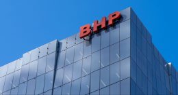Close up of BHP sign on the office building in Melbourne.