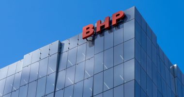 Close up of BHP sign on the office building in Melbourne.