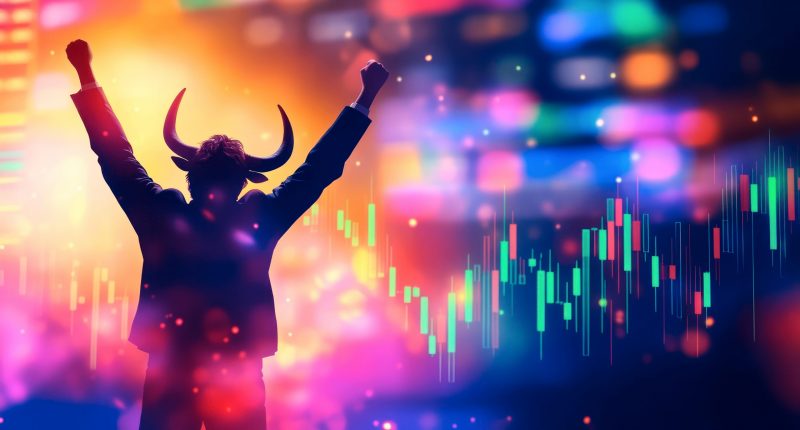Trader with bull head celebrating a successful trade, throwing up hands. Background is candlestick pattern chart