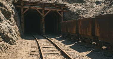 A rustic and aesthetic view of an abandoned mine entrance with weathered wooden beams, railroad tracks, and old rusty ore carts