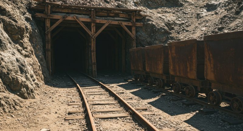 A rustic and aesthetic view of an abandoned mine entrance with weathered wooden beams, railroad tracks, and old rusty ore carts