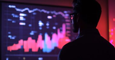 Man analyzes stock market data on glowing screen in dim, futuristic office
