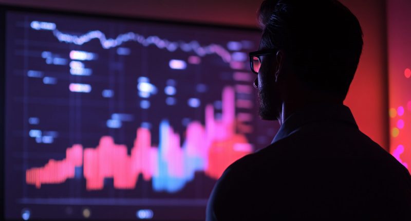 Man analyzes stock market data on glowing screen in dim, futuristic office