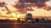 airplane parked at the airport in the Australian countryside, with a beautiful sky and clouds, golden hour lighting