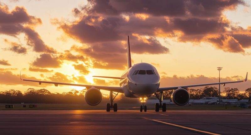 airplane parked at the airport in the Australian countryside, with a beautiful sky and clouds, golden hour lighting