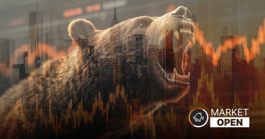 The words "ASX Market Open" appear alongside a Bear ( FALL ) with a market chart graphic floating above it. The whole image is faded yellow and orange.