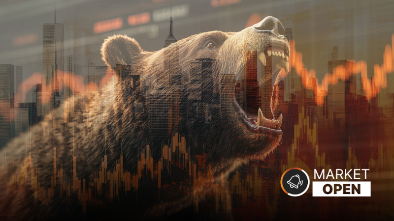 The words "ASX Market Open" appear alongside a Bear ( FALL ) with a market chart graphic floating above it. The whole image is faded yellow and orange.