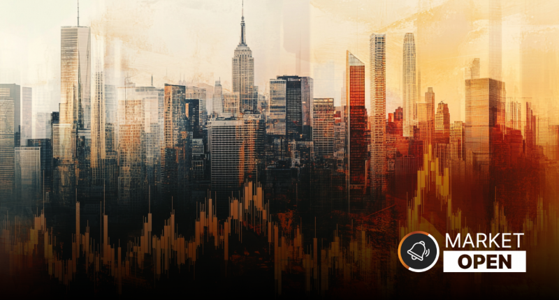 The words "ASX Market Open" appear alongside a a trading cityscape (GENERAL) with a market chart graphic floating above it. The whole image is faded yellow and orange.