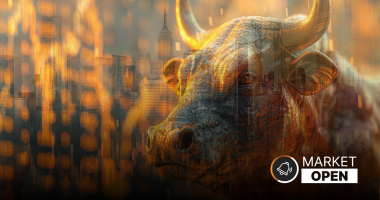 The words "ASX Market Open" appear alongside a Bull ( RISE ) with a market chart graphic floating above it. The whole image is faded yellow and orange.