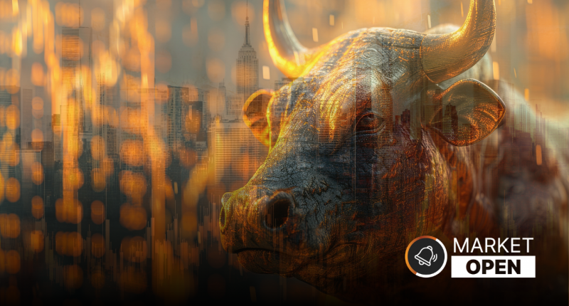 The words "ASX Market Open" appear alongside a Bull ( RISE ) with a market chart graphic floating above it. The whole image is faded yellow and orange.
