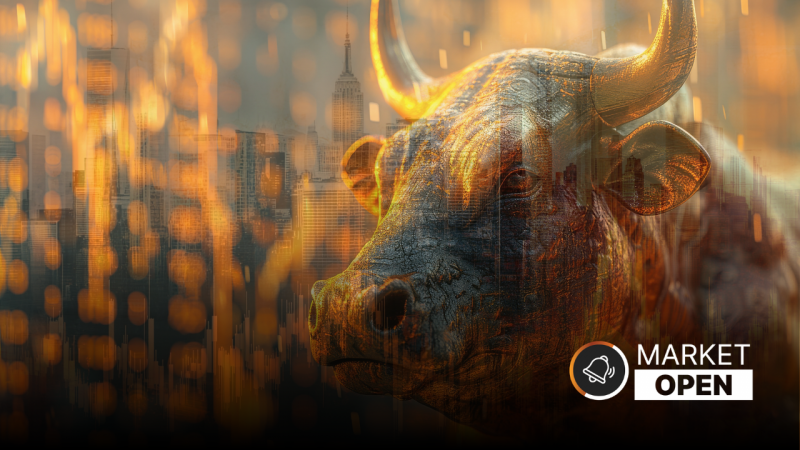 The words "ASX Market Open" appear alongside a Bull ( RISE ) with a market chart graphic floating above it. The whole image is faded yellow and orange.