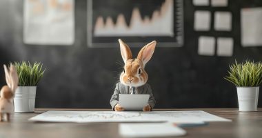 Easter bunny in a business suit analyzing stock charts, symbolizing market strategy