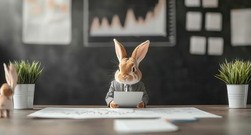 Easter bunny in a business suit analyzing stock charts, symbolizing market strategy