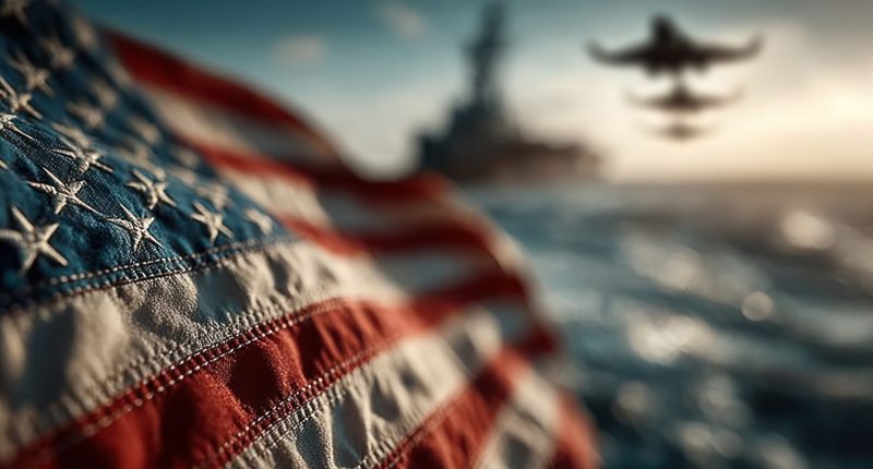 Veterans Day ceremony with American flag waving and military jets flying overhead in tribute