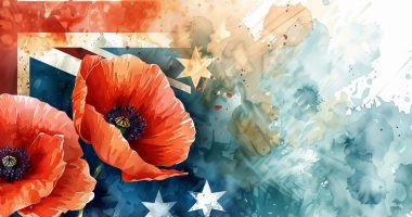 Anzac Day background with grunge watercolor Australia flag and poppy flowers. Remembrance symbol. Lest we forget.