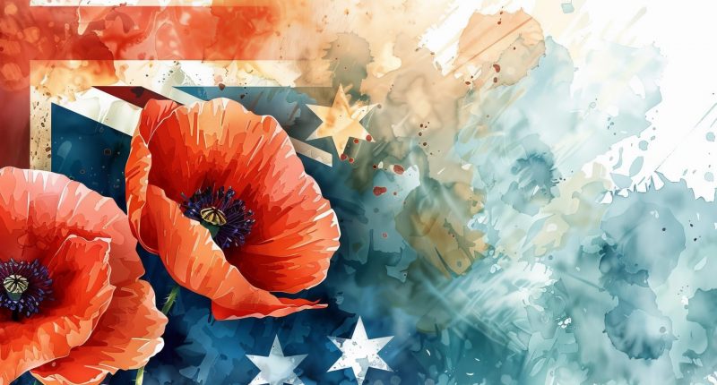 Anzac Day background with grunge watercolor Australia flag and poppy flowers. Remembrance symbol. Lest we forget.
