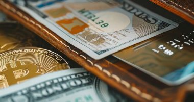 A symbolic image of a crypto wallet being integrated with traditional banking tools, like credit cards and cash, in a physical wallet