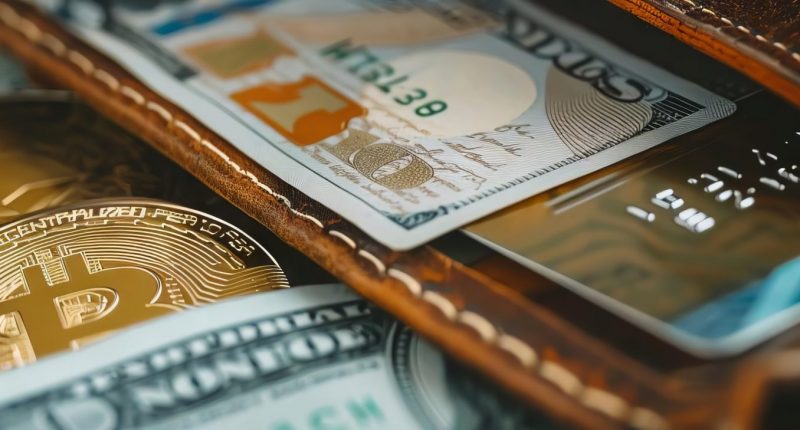 A symbolic image of a crypto wallet being integrated with traditional banking tools, like credit cards and cash, in a physical wallet