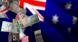 Falling Australian Currency Notes Against the Australian Flag, Representing Economic Volatility and the Potential for Financial Instability in the Australian Market..