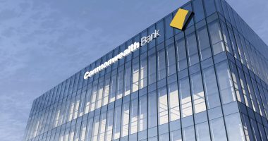 Sydney, Australia. February 19, 2021. Editorial Use Only, 3D CGI. Commonwealth Bank Signage Logo on Top of Glass Building. Workplace Financial Services Company in High-rise Office Headquarter.