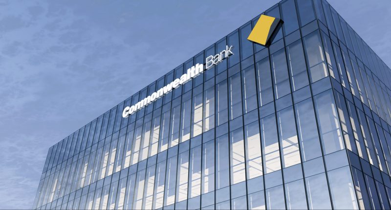Sydney, Australia. February 19, 2021. Editorial Use Only, 3D CGI. Commonwealth Bank Signage Logo on Top of Glass Building. Workplace Financial Services Company in High-rise Office Headquarter.