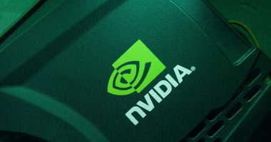Nvidia logo. Merchandise of a famous company on a video card. Inventor of the GPU.
