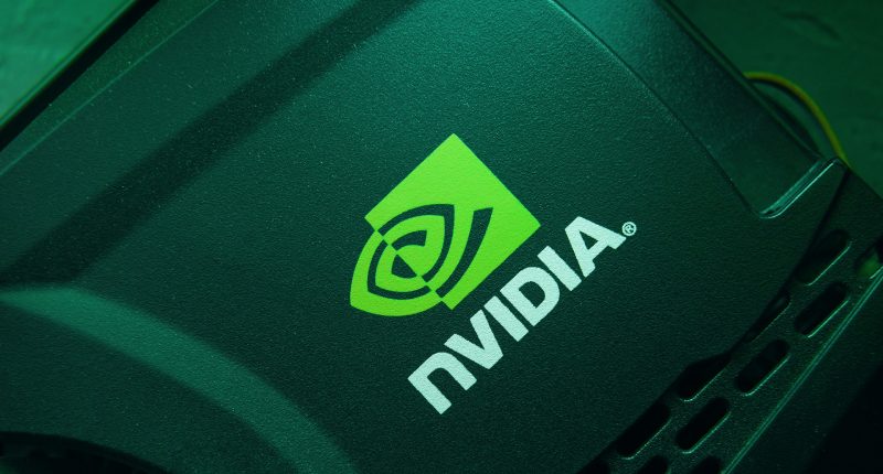 Nvidia logo. Merchandise of a famous company on a video card. Inventor of the GPU.