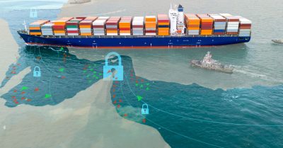Global trade disruption concept with container ships blocked from entering or exiting the Strait of Hormuz. Maritime blockade and geopolitical tension affecting international supply chain and shipping routes.
