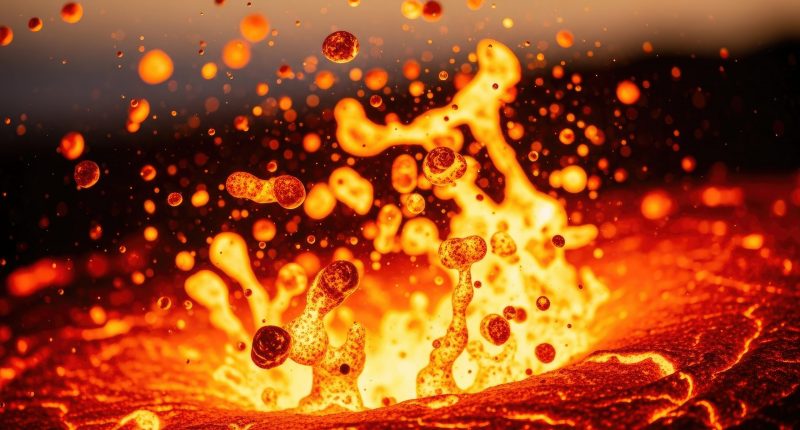 Close-up view of erupting molten lava, showcasing the intense heat and dynamic nature of volcanic activity.